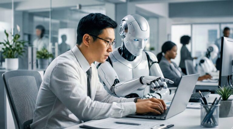 Professionnel travaillant avec un assistant d’intelligence artificielle